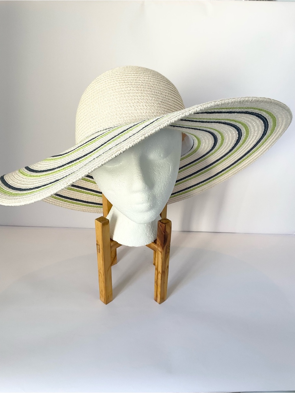 Magid Hats Wide Brim Straw Sunhat in Cream with Lime Green & Navy Accents